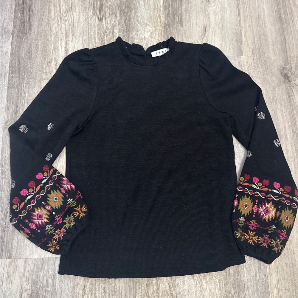 THML Black Embroidered Balloon Sleeve Ruffle Mock Neck Top Size Small